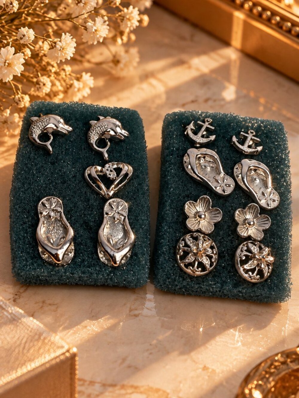 Silver Tone Nautical & Beach Themed Stud Earrings Lot – Dolphins, Anchors, Flip
